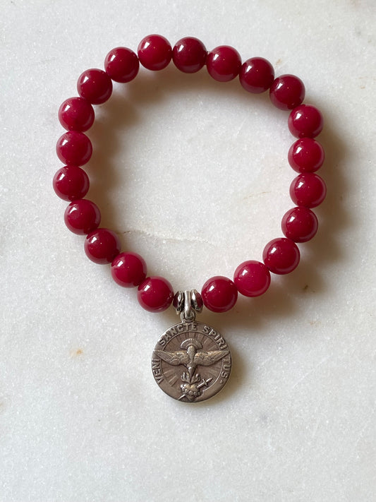 Round Holy Spirit Stretch Bracelet With Red Beads