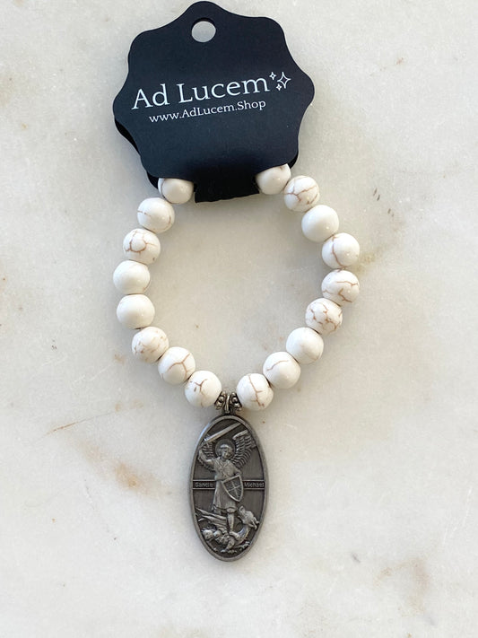 St. Michael Archangel Stretch Bracelet - 10mm White Beads, Oversized Medal