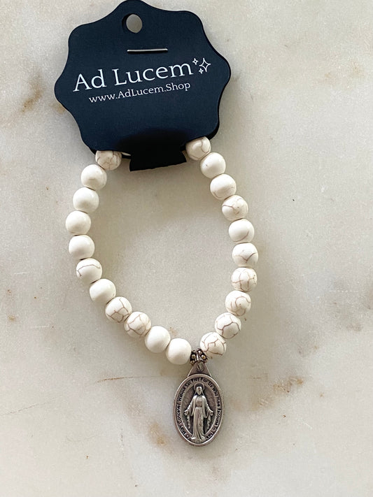 Miraculous Medal Stretch Bracelet - White Beads