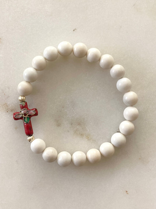 Red Decorative Cross Stretch Bracelet - White Beads