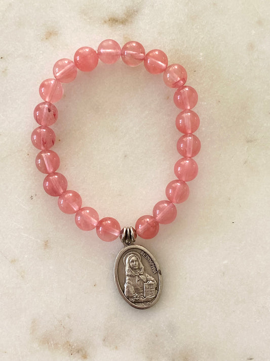 St. Dymphna Stretch Bracelet - Translucent Pink Beads
