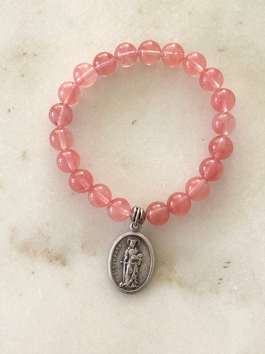 Saint Dymphna Stretch Bracelet - Translucent Pink Beads