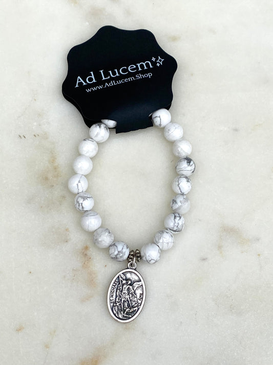 St. Michael Stretch Bracelet - White Beads