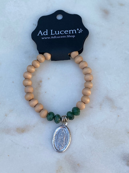 Our Lady Of Guadalupe Stretch Bracelet - Wood/etched green beads
