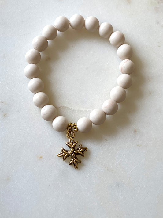 Gold Cross White Beads Stretch Bracelet