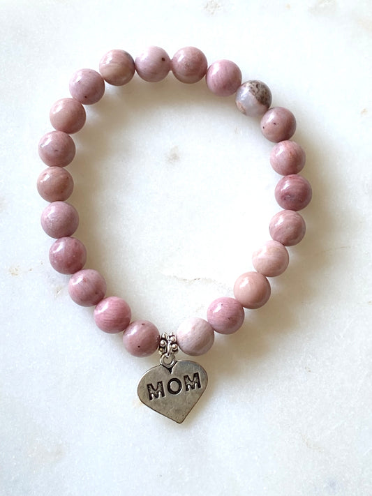 "Mom" Stretch Bracelet - Light Pink Beads
