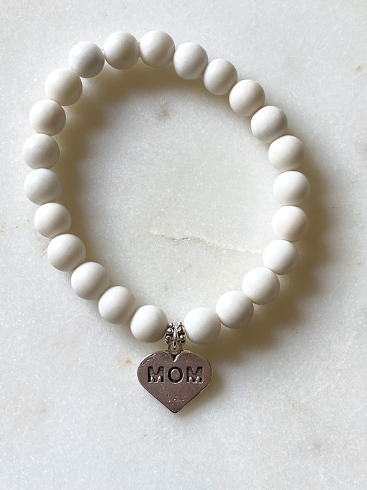 "Mom" Stretch Bracelet - White Beads