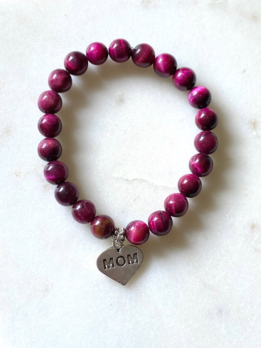 "Mom" Stretch Bracelet - Magenta Colored Beads
