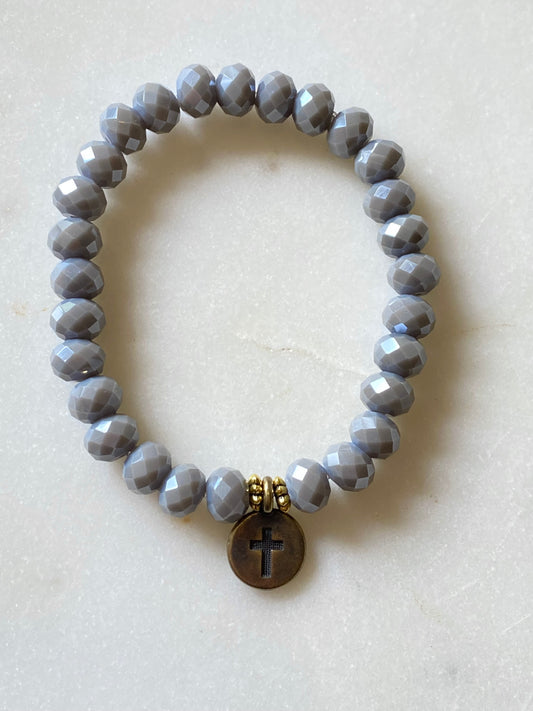 Round Cross Slate Blue Etched Bead Stretch Bracelet