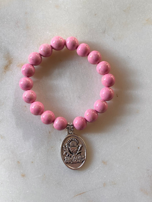 First Communion Stretch Bracelet - Solid Pink Beads, sized for child, 8 mm beads