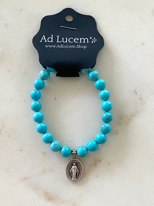 Miraculous Medal Stretch Bracelet - Turquoise Blue