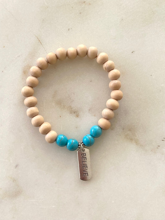 Believe Stretch Bracelet - Wood/Turquoise Beads