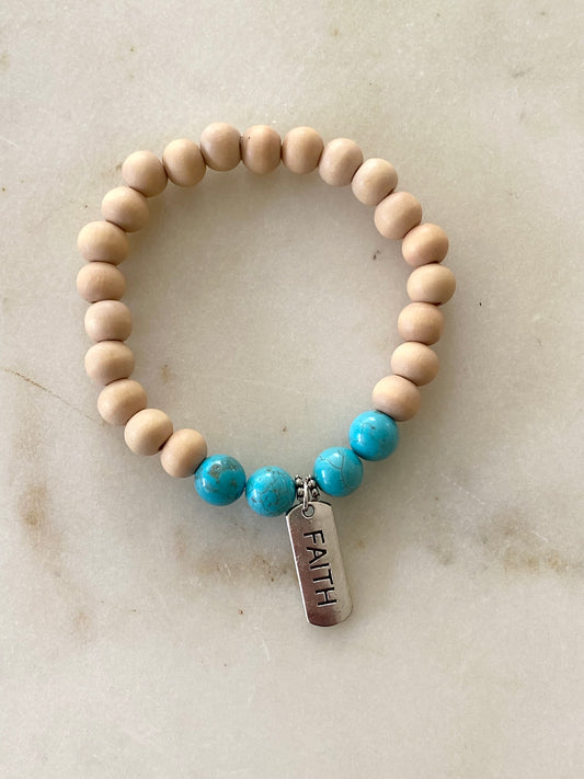 Faith Stretch Bracelet - Wood/Turquoise Beads