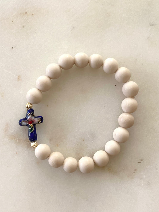 Blue Decorative Cross Stretch Bracelet - White Beads