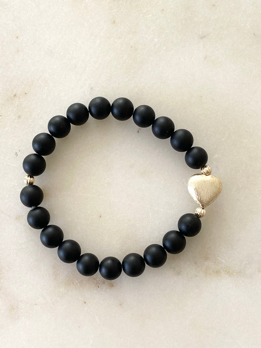 German Gold Heart Stretch Bracelet - Black Beads