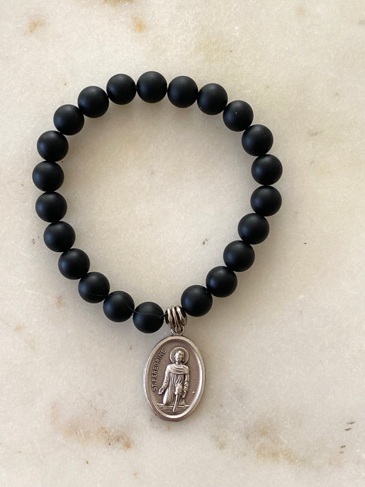 St. Peregrine Stretch Bracelet - Black Beads