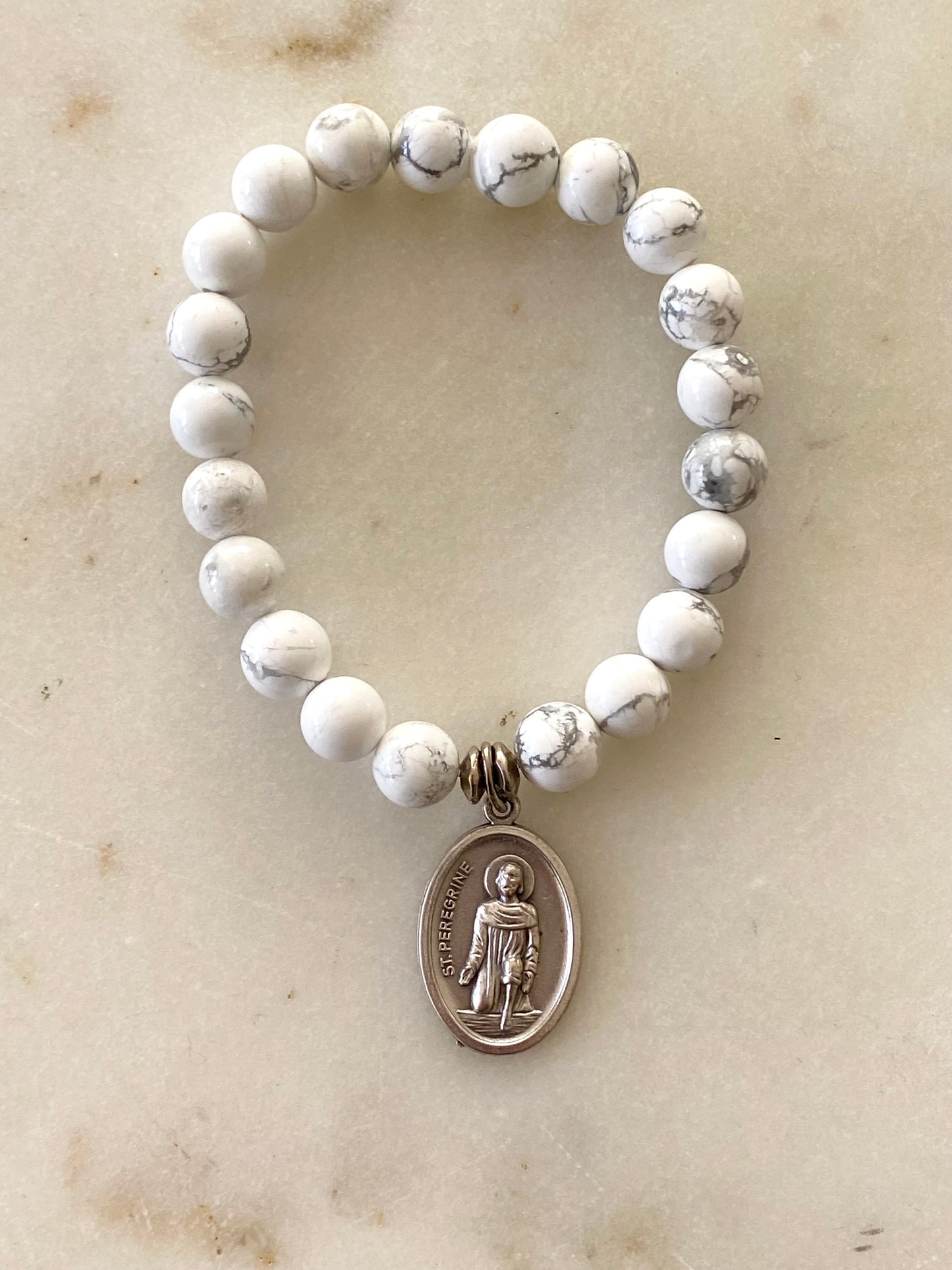 St. Peregrine Stretch Bracelet - White Beads