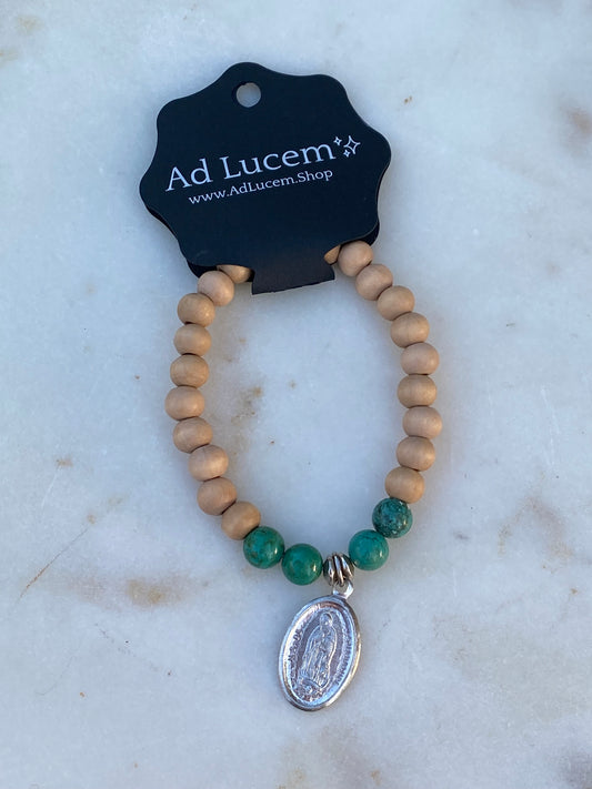 Our Lady Of Guadalupe Stretch Bracelet - Wood/Teal Green