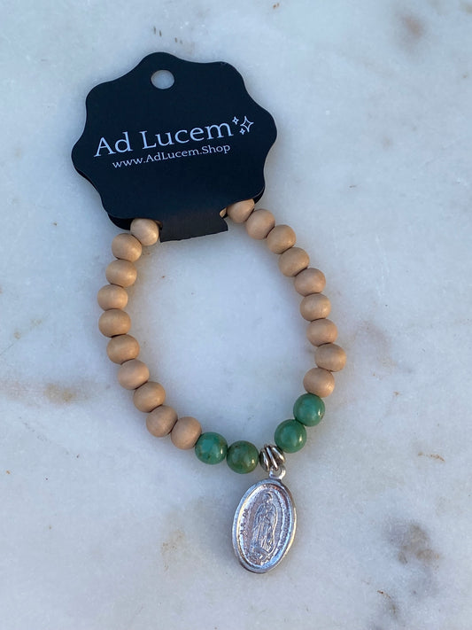 Our Lady Of Guadalupe Stretch Bracelet - Wood/Spring Green